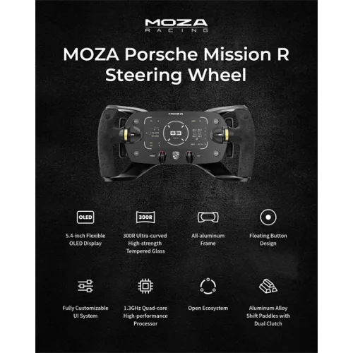 Moza Racing kiegészítő - Porsche MISSION R Kormánykerék (Dual-Clutch, RGB, 5,4 inch OLED kijelző, 320mm)