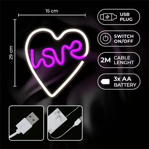 NEOLIA LED dekorációs lámpa LOVE rószaszín fehér, USB csatlakozó, 3 x AA, falra szerelhető, 148 lumen