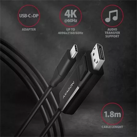 Axagon USB-C -> DisplayPort 1.2 M/M video kábel 1.8m fekete