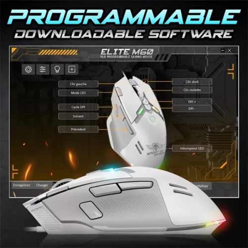 Spirit of Gamer Egér - ELITE-M60 White (Optikai, 20000 DPI, 1000Hz, 9 programozható gomb, RGB, vezetékes, fehér)