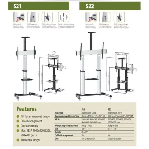 SUNNE (S22) TV állvány, gurulós, 60"-100", max 80kg (ezüst)
