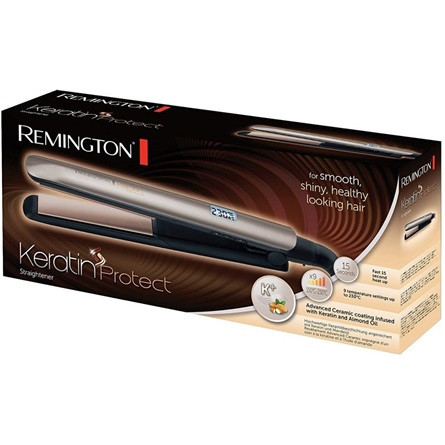REMINGTON S8540 Keratin Protect hajsimító, keratin+mandulaolajos kerámia, 9 hőfok 150–230°C, 15 mp, Turbo