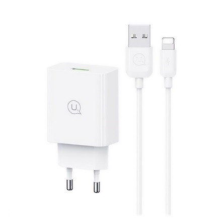 USAMS SC hálózati töltő USB aljzat 18W, PD gyorstöltő 3.0 + lightning kábel, FEHÉR
