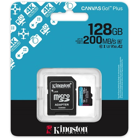 Kingston 128GB Canvas Go! Plus Gen4 Class10 UHS-I U3 V30 A2 microSDXC memóriakártya
