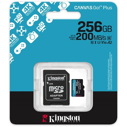 Kingston 256GB Canvas Go! Plus Gen4 Class10 UHS-I U3 V30 A2 microSDXC memóriakártya