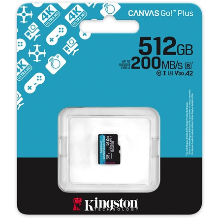 Kingston 512GB Canvas Go! Plus Gen4 Class10 UHS-I U3 V30 A2 microSDXC memóriakártya Single Pack
