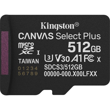 Kingston 512GB Canvas Select Plus Gen3 Class 10 UHS-1 A1 microSDXC memóriakártya Single Pack