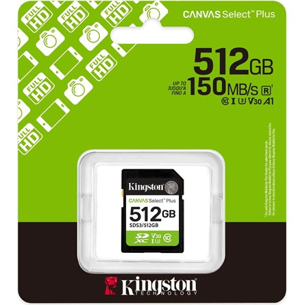 Kingston 512GB Canvas Select Plus Class Gen3 C10 UHS-1 U3 V30 SDXC memóriakártya