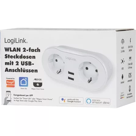 Logilink Wi-Fi intelligens csatlakozóaljzat, 2 utas (CEE 7/3), 2x USB, Tuya kompatibilis