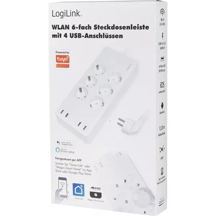 Logilink Wi-Fi Smart Socket aljzat, 6 utas, (CEE 7/3), 4x USB, Tuya kompatibilis