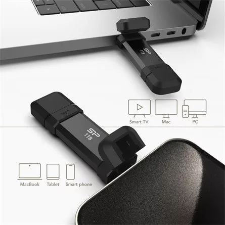 Silicon Power 1TB DS72 Dual USB-C/USB 3.2 Gen 2, Portable External SSD, Steam Deck and iPhone 15 Pro, R/W: up to 1050MB/s; 850MB/s, Black