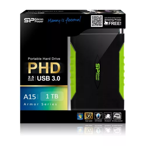 SILICON POWER 2.5" HDD USB 3.2 1TB Armor A15 ütésálló, Fekete-Zöld