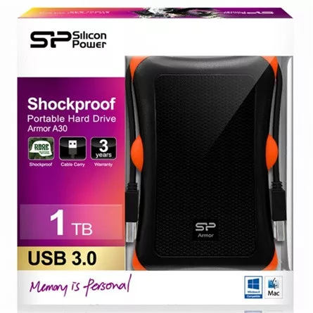 Silicon Power Armor - A30 1TB Portable HDD USB 3.2 Gen 1 Anti-shock, Black/Orange, MIL-STD 810F Method 516.5 Procedure IV, LED light
