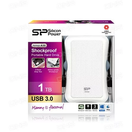 Silicon Power Armor - A30 1TB Portable HDD USB 3.2 Gen 1 Anti-shock, White/Black, MIL-STD 810F Method 516.5 Procedure IV, LED light