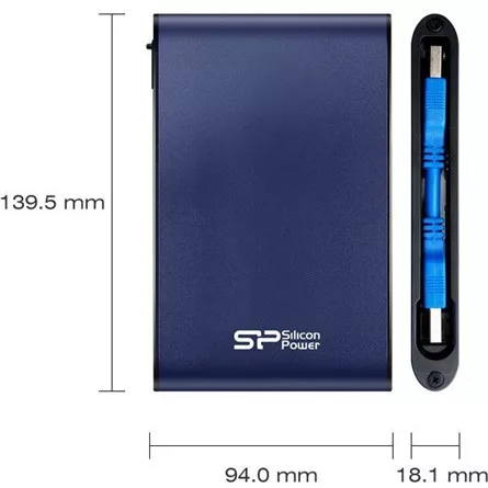 Silicon Power Armor - A80 1TB Portable HDD USB 3.2 Gen 1 Black, Certificate MIL-STD 810F 516.5/IV, Water-resistant IPX7, Anti-pressure/dust function, Led light