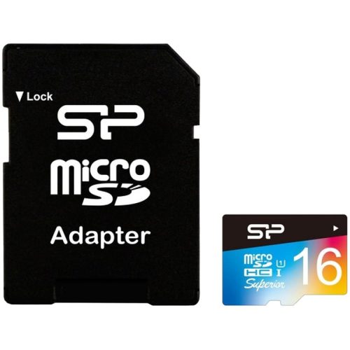 Silicon Power Superior 16GB mSD Card UHS-1 (U1) R/W: up to 90/45 MB/s, ECC function, Shock/water/x-ray-proof, w/ adapter (Colorful)