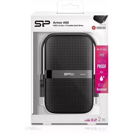 Silicon Power Armor - A60 2TB Portable HDD USB 3.2 Gen1 Black, Shockproof MIL-STD 810G Method 516.6 Procedure IV, Water-resistant IPX4, LED light
