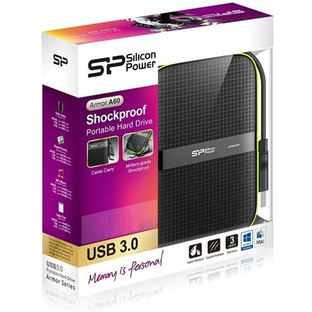 Silicon Power Armor - A60 4TB Portable HDD USB 3.2 Gen1 Black/Green, Shockproof MIL-STD 810G Method 516.6 Procedure IV, Water-resistant IPX4, LED light