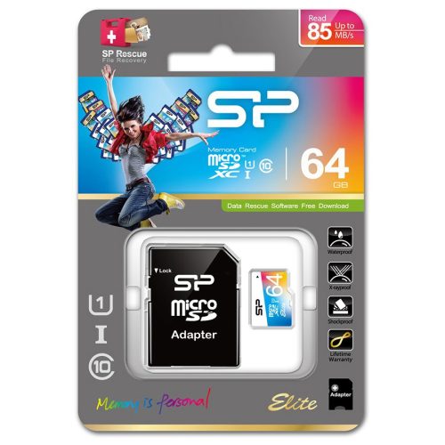 Silicon Power Elite /class 10 64GB mSD Card UHS-1 (U1) R/W: up to 100/10 MB/s, ECC function, Shock/water/x-ray-proof, w/ adapter (Colorful)