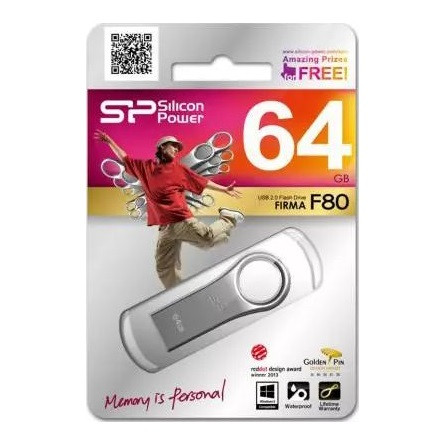 Silicon Power Firma - F80 64GB Pendrive USB 2.0 Silver, Zinc Alloy Housing, Waterproof, dustproof and vibration-proof