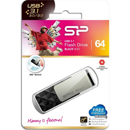 Silicon Power Blaze - B30 64GB Pendrive USB 3.2 Gen 1 Swivel Cap Flash Drive,Black