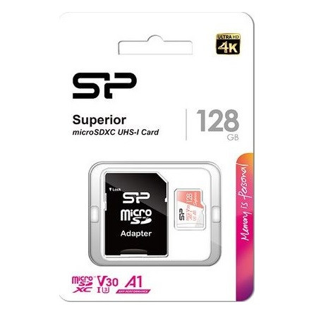 Silicon Power Superior / V30 128GB mSD Card UHS-1 (U3) V30 R/W: up to 100/80 MB/s, IOPS 1500/500, A1, V30, ECC function, Shock/water/x-ray-proof, w/ adapter