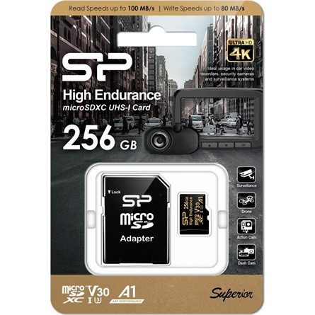 Silicon Power 256GB Golden Series High Endurance UHS-1 Class10 U3 V30 A1 vízálló ütésálló microSDXC memóriakártya BOX fe