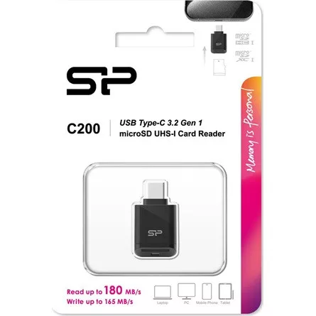 Silicon Power Kártyaolvasó - USB Type-C 3.2  (MicroSD, UHS-I DDR200) 180MB/s olvasási és 165MB/s írási sebesség, Fekete