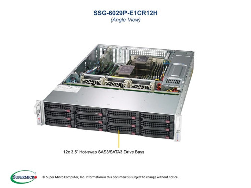 Supermicro SuperStorage SSG-6029P-E1CR12H 2U, 2xLGA 3647, TDP 70-205W, Intel C622, 16xDDR4, 12x3.5" Hot-swap, 2x2.5" Hot-swap (rear), LSI 3108, 3xPCI-E 3.0 x16, 4xPCI-E 3.0 x8, 2xRJ45 10GBase-...