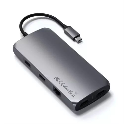 Satechi Aluminium USB-C Multiport MX Adapter (Dual 4K HDMI 60Hz/30Hz, USB-C PD 100W, RJ45, 1xUSB-C , 2xUSB, SD, jack)