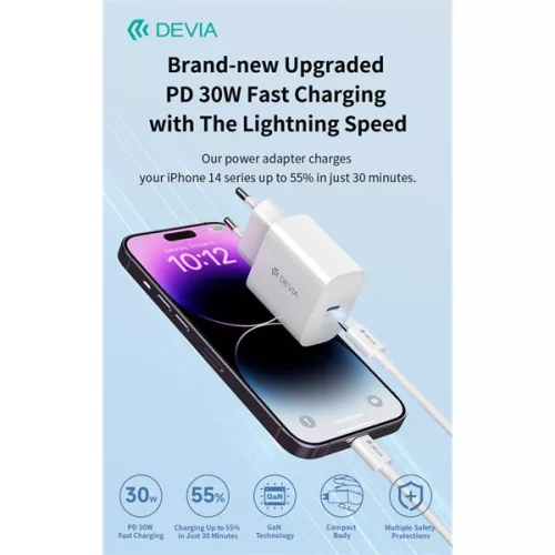 Devia Smart Series 30W GaN PD+QC hálózati gyorstöltő adapter + Type-C/Lightning kábel - fehér