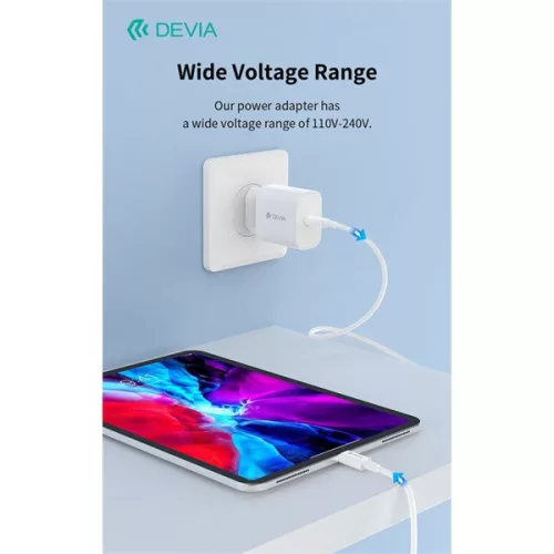 Devia Smart Series 30W GaN PD+QC hálózati gyorstöltő adapter + Type-C/Lightning kábel - fehér