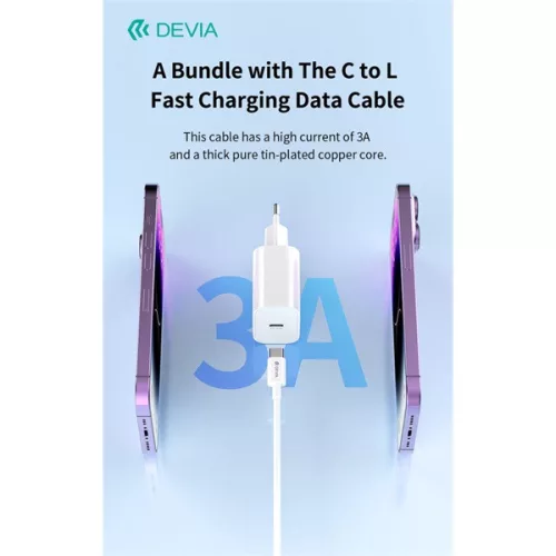 Devia Smart Series 30W GaN PD+QC hálózati gyorstöltő adapter + Type-C/Lightning kábel - fehér