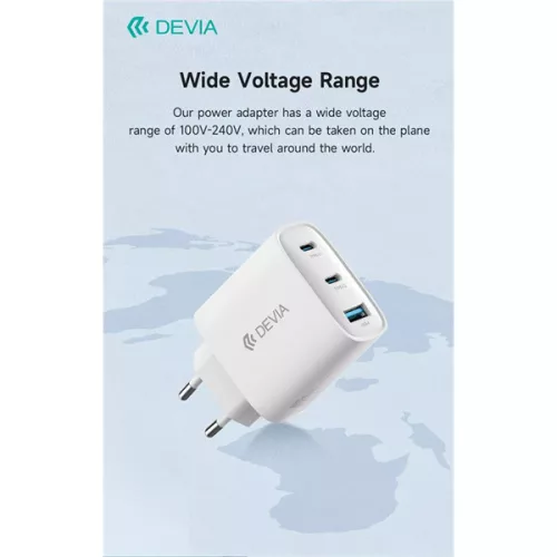 DEVIA Extreme Speed Series 65W GaN PD gyorstöltő adapter USB+2xType-C - fehér