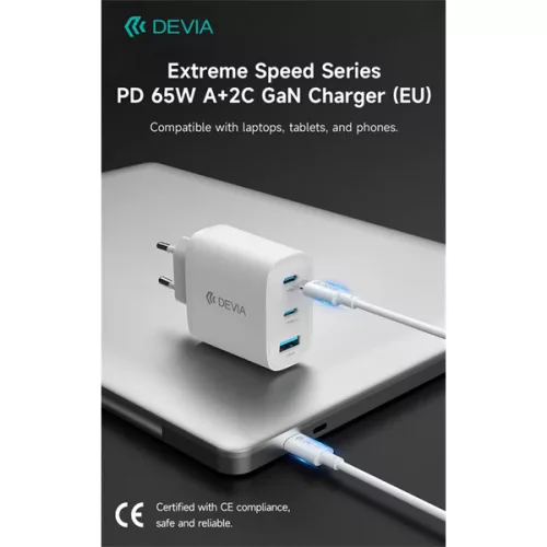 DEVIA Extreme Speed Series 65W GaN PD gyorstöltő adapter USB+2xType-C - fehér