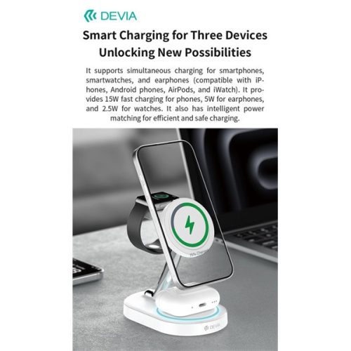 Devia Extreme Speed Series 15W Qi 3 In 1 vezeték nélküli töltő Smartphone/iWatch/Airpods - fehér