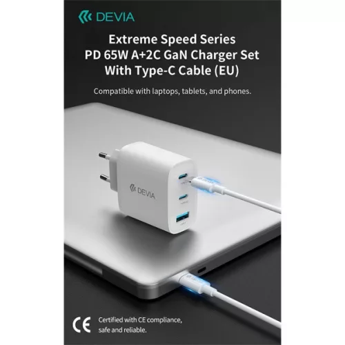 Devia Extreme Speed Series 65W GaN PD hálózati gyorstöltő adapter USB+2xType-C+Type-C kábel - fehér
