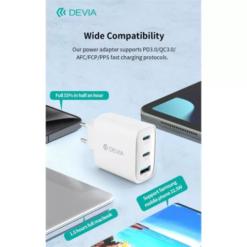 Devia Extreme Speed Series 65W GaN PD hálózati gyorstöltő adapter USB+2xType-C+Type-C kábel - fehér