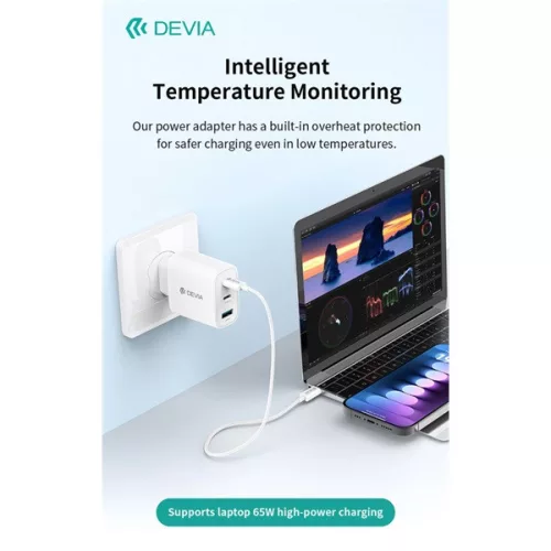 Devia Extreme Speed Series 65W GaN PD hálózati gyorstöltő adapter USB+2xType-C+Type-C kábel - fehér