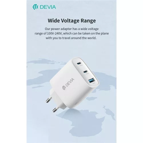 Devia Extreme Speed Series 65W GaN PD hálózati gyorstöltő adapter USB+2xType-C+Type-C kábel - fehér