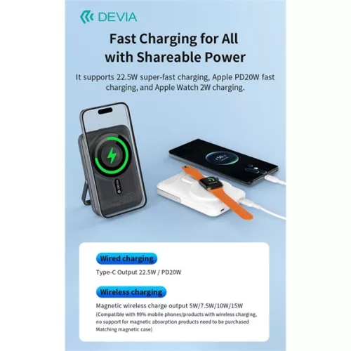 Devia Extreme Speed Magnetic PD 22.5W powerbank/állvány - Lightning/Type-C - 10.000 mAh - fehér