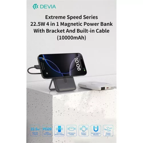Devia Extreme Speed Series Magnetic 4in1 22.5W powerbank/állvány - Type-C - 10.000 mAh - szürke