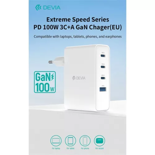 Devia Extreme Speed Series 100W GaN PD hálózati gyorstöltő adapter USB+3xType-C - fehér
