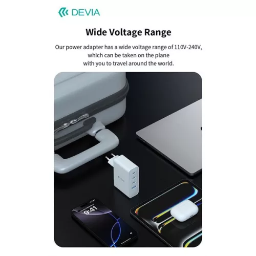 Devia Extreme Speed Series 100W GaN PD hálózati gyorstöltő adapter USB+3xType-C - fehér