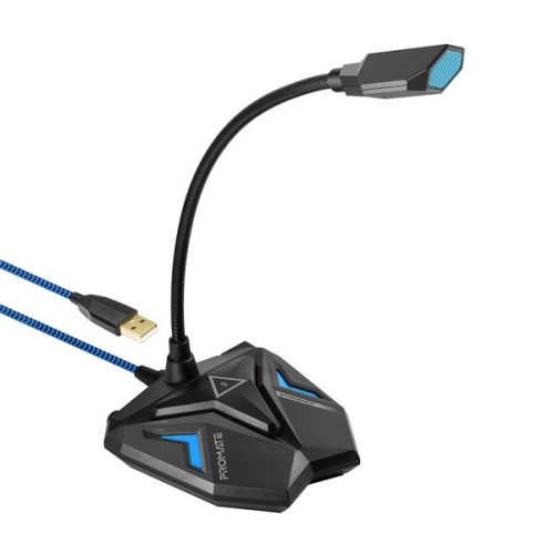 Promate USB Mikrofon - STREAMER (Plug & Play, flexibilis, Headset port, 1,5m, kék)