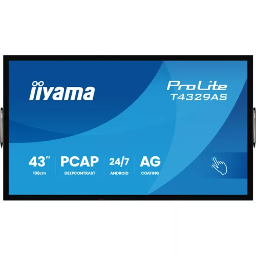 iiyama 24/7 VA interaktív kijelző, 42,5", , 3840x2160, 16:9, 500cd, 8ms, 4000:1, HDMI/USB-C/Ethernet, T4329AS