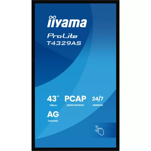 iiyama 24/7 VA interaktív kijelző, 42,5", , 3840x2160, 16:9, 500cd, 8ms, 4000:1, HDMI/USB-C/Ethernet, T4329AS