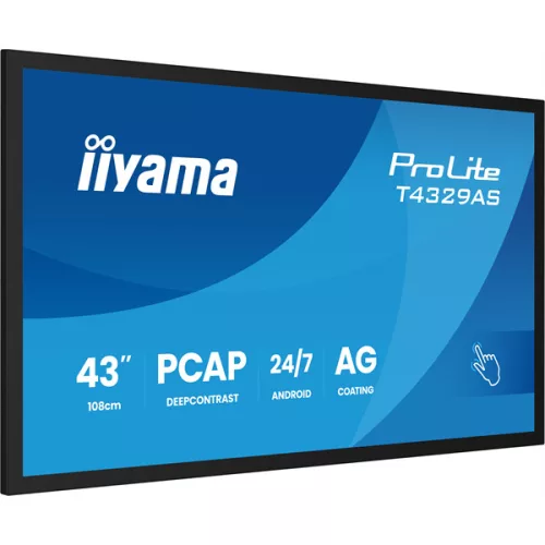 iiyama 24/7 VA interaktív kijelző, 42,5", , 3840x2160, 16:9, 500cd, 8ms, 4000:1, HDMI/USB-C/Ethernet, T4329AS