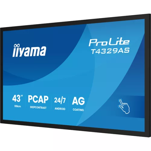 iiyama 24/7 VA interaktív kijelző, 42,5", , 3840x2160, 16:9, 500cd, 8ms, 4000:1, HDMI/USB-C/Ethernet, T4329AS