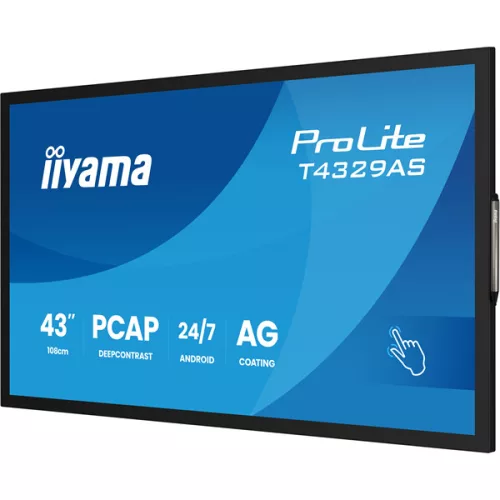 iiyama 24/7 VA interaktív kijelző, 42,5", , 3840x2160, 16:9, 500cd, 8ms, 4000:1, HDMI/USB-C/Ethernet, T4329AS